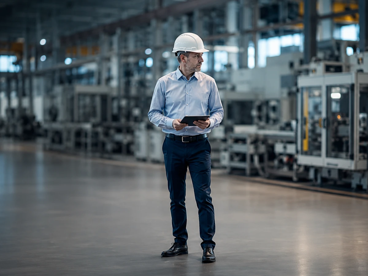 Supervisor de planta observando una línea de producción industrial