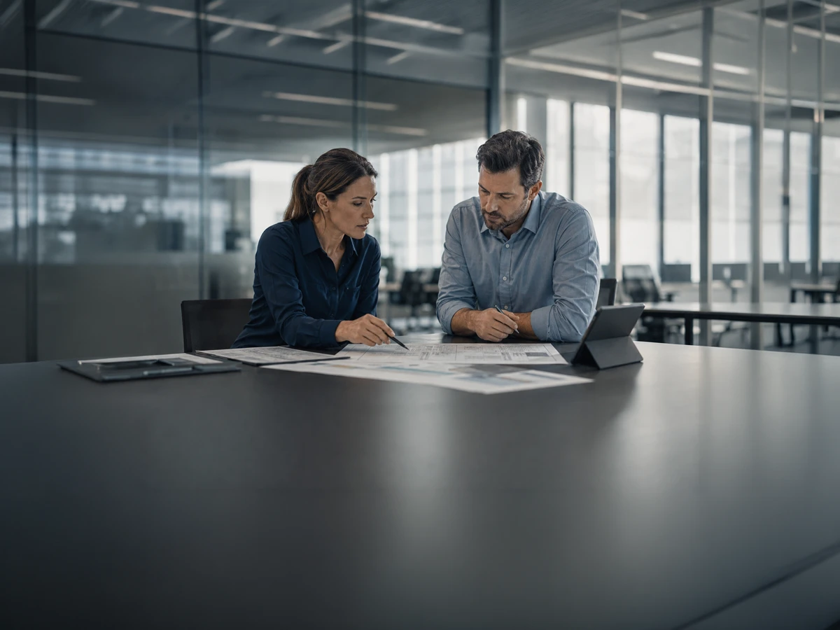 Dos profesionales revisando planos técnicos y datos en una sala de juntas